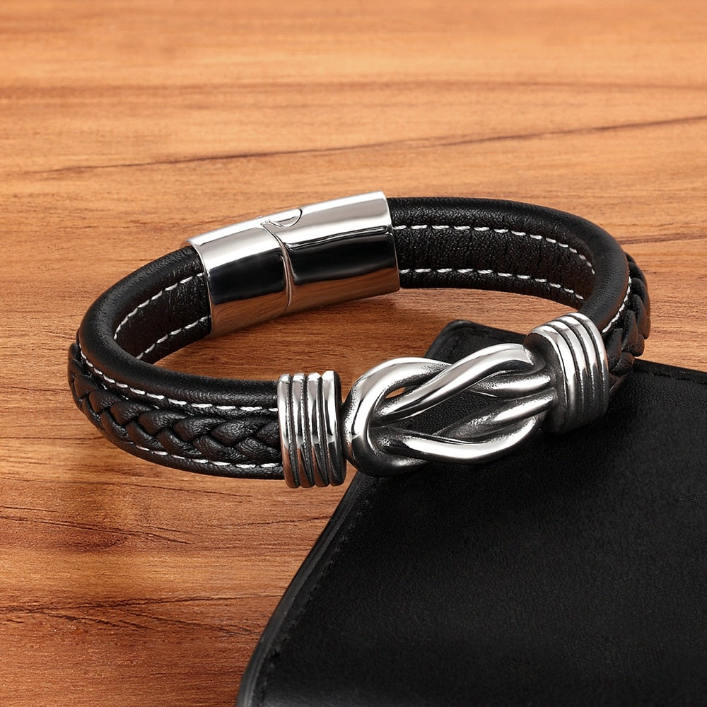 Deluxe Herren-Lederarmband mit unregelmäßigem Grafikdesign – Edelstahl-Akzent