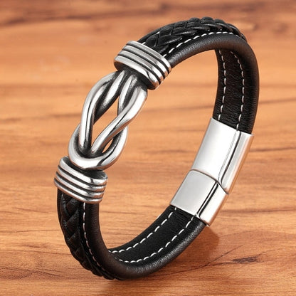 Deluxe Herren-Lederarmband mit unregelmäßigem Grafikdesign – Edelstahl-Akzent