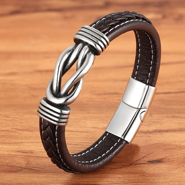 Deluxe Herren-Lederarmband mit unregelmäßigem Grafikdesign – Edelstahl-Akzent