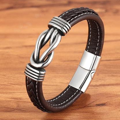 Deluxe Herren-Lederarmband mit unregelmäßigem Grafikdesign – Edelstahl-Akzent