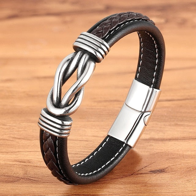 Deluxe Herren-Lederarmband mit unregelmäßigem Grafikdesign – Edelstahl-Akzent