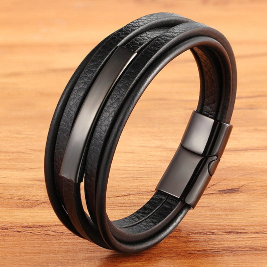 Arcadia Geometrisches Leder- und Edelstahl-Armband für Herren – Mehrlagiges Luxusdesign