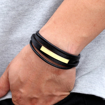 Arcadia Geometrisches Leder- und Edelstahl-Armband für Herren – Mehrlagiges Luxusdesign