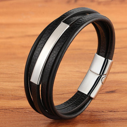 Arcadia Geometrisches Leder- und Edelstahl-Armband für Herren – Mehrlagiges Luxusdesign