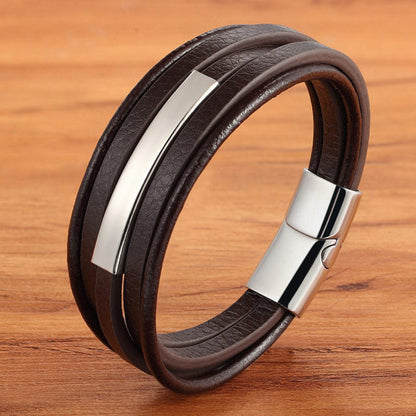 Arcadia Geometrisches Leder- und Edelstahl-Armband für Herren – Mehrlagiges Luxusdesign