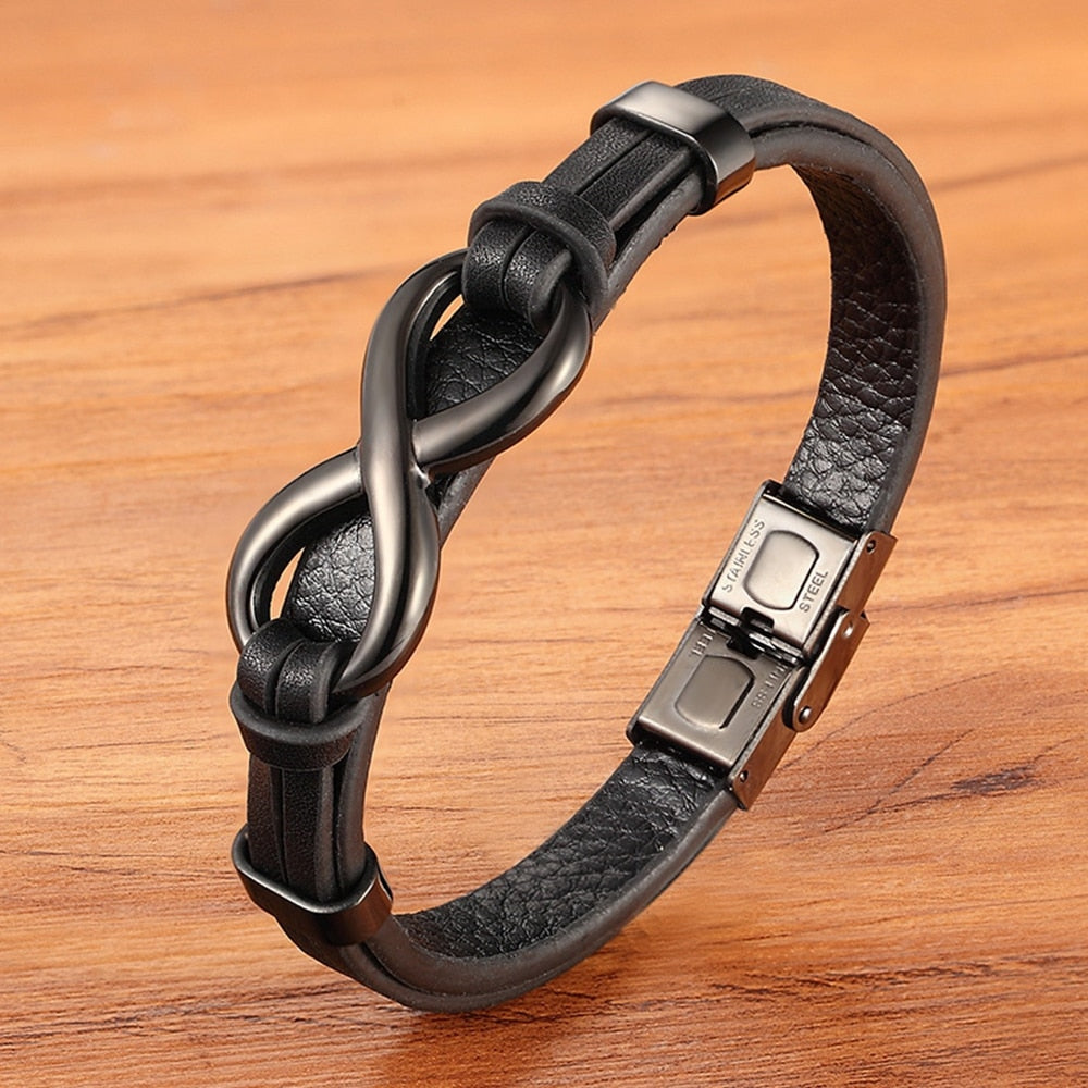 Infinity Luxe Edelstahl Lederarmband mit Unendlichkeitssymbol – Elegantes Herrenarmband mit Muster