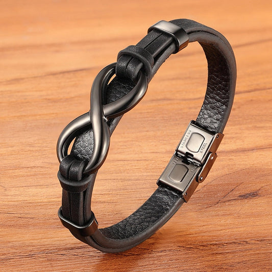 Infinity Luxe Edelstahl Lederarmband mit Unendlichkeitssymbol – Elegantes Herrenarmband mit Muster