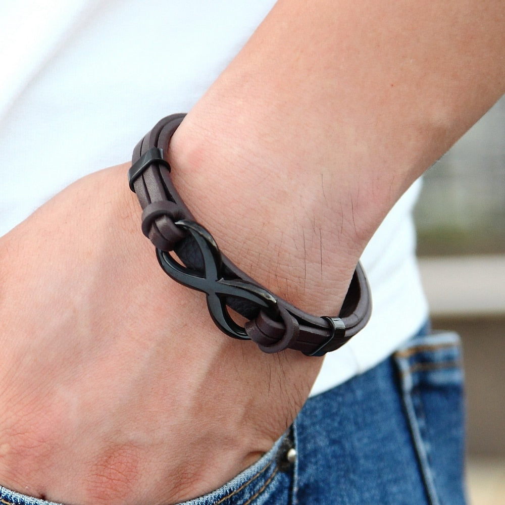Infinity Luxe Edelstahl Lederarmband mit Unendlichkeitssymbol – Elegantes Herrenarmband mit Muster