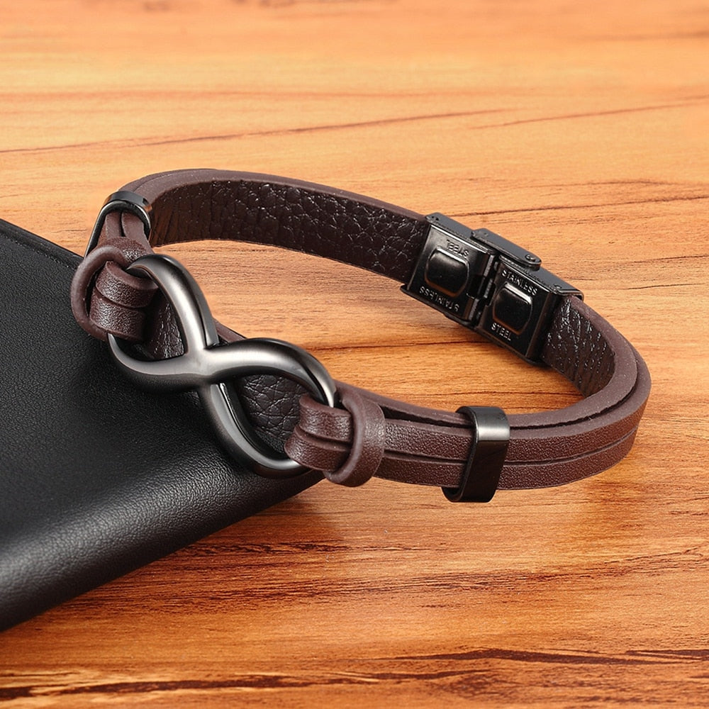 Infinity Luxe Edelstahl Lederarmband mit Unendlichkeitssymbol – Elegantes Herrenarmband mit Muster