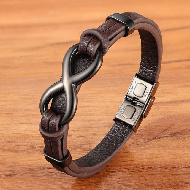 Infinity Luxe Edelstahl Lederarmband mit Unendlichkeitssymbol – Elegantes Herrenarmband mit Muster