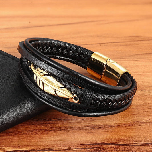 Elfih Feder-Lederarmband – Mehrlagiges Edelstahl-Accessoire für Herren