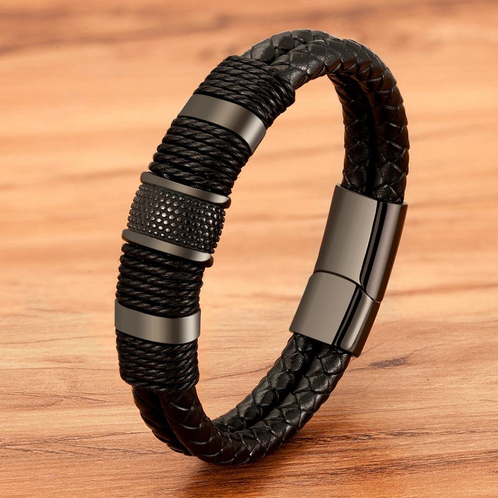 Omni Leder-Seilarmband – Klassisches Herrenarmband aus Edelstahl mit Doppelschicht und speziellem Design