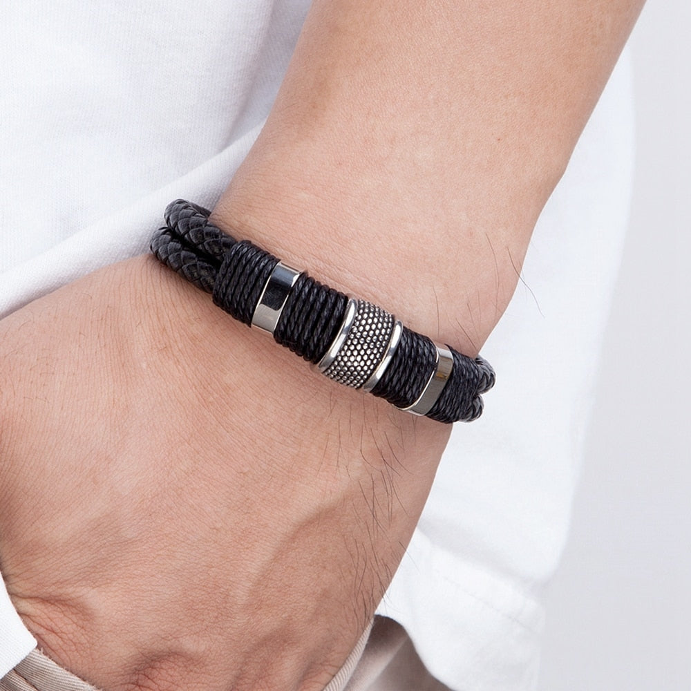Omni Leder-Seilarmband – Klassisches Herrenarmband aus Edelstahl mit Doppelschicht und speziellem Design