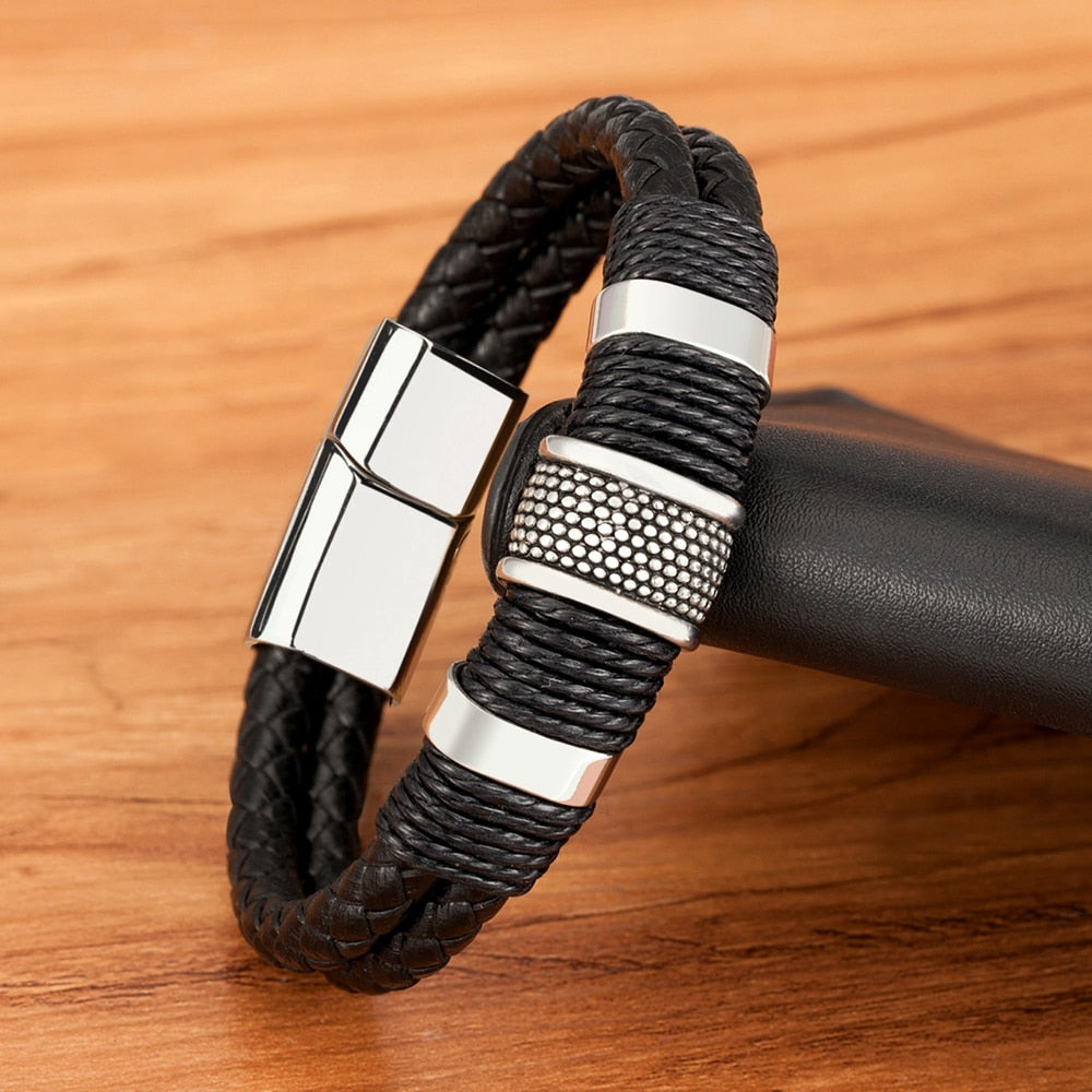 Omni Leder-Seilarmband – Klassisches Herrenarmband aus Edelstahl mit Doppelschicht und speziellem Design