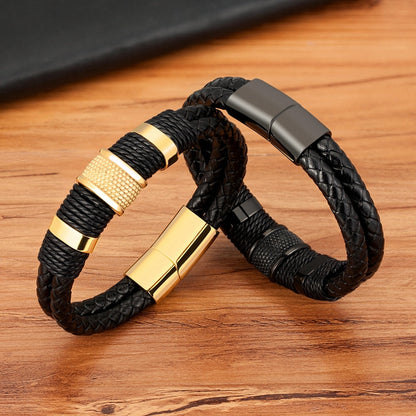 Omni Leder-Seilarmband – Klassisches Herrenarmband aus Edelstahl mit Doppelschicht und speziellem Design