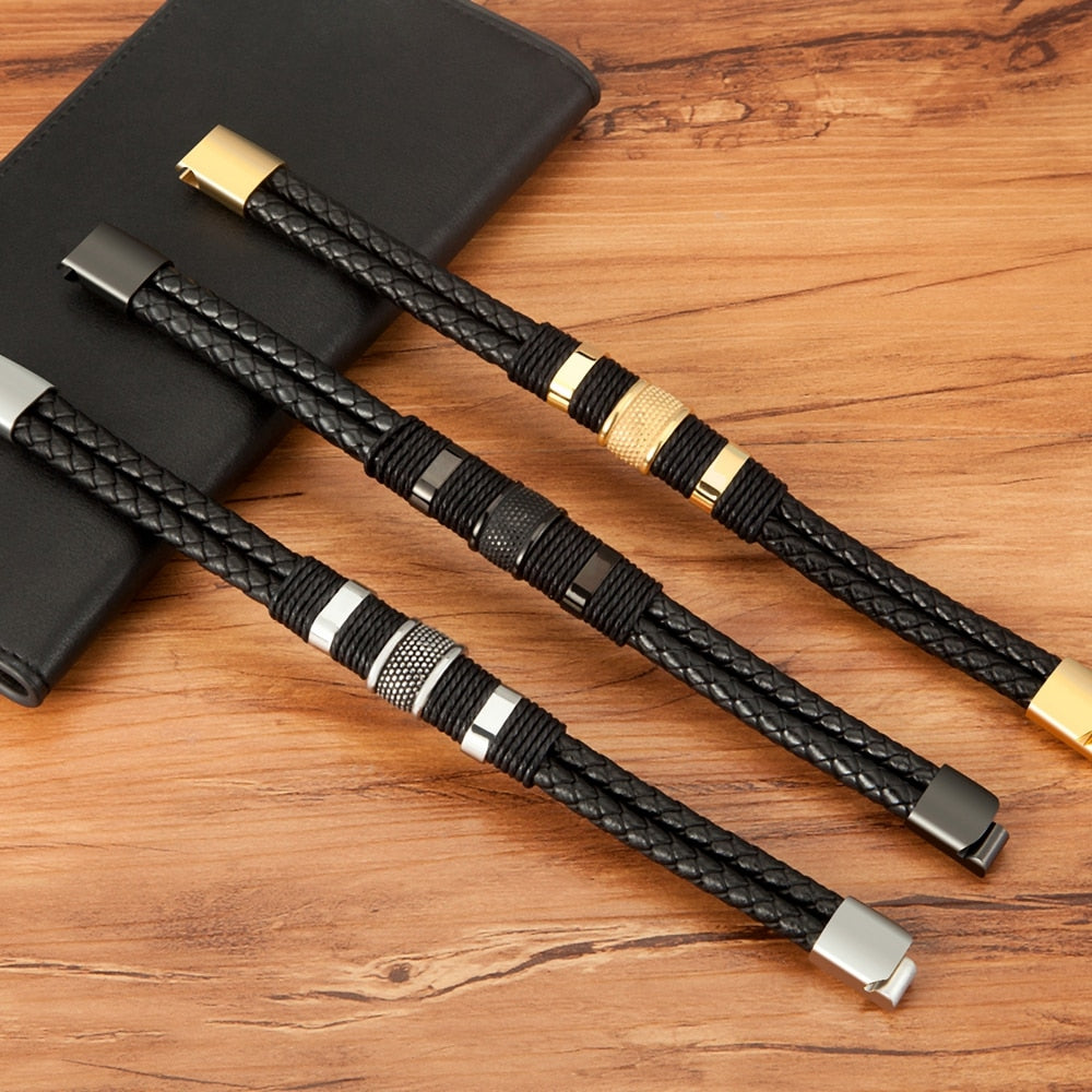 Omni Leder-Seilarmband – Klassisches Herrenarmband aus Edelstahl mit Doppelschicht und speziellem Design