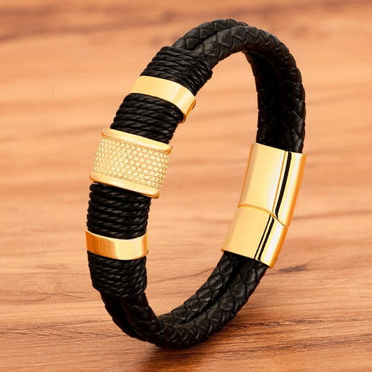 Omni Leder-Seilarmband – Klassisches Herrenarmband aus Edelstahl mit Doppelschicht und speziellem Design