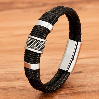 Omni Leder-Seilarmband – Klassisches Herrenarmband aus Edelstahl mit Doppelschicht und speziellem Design