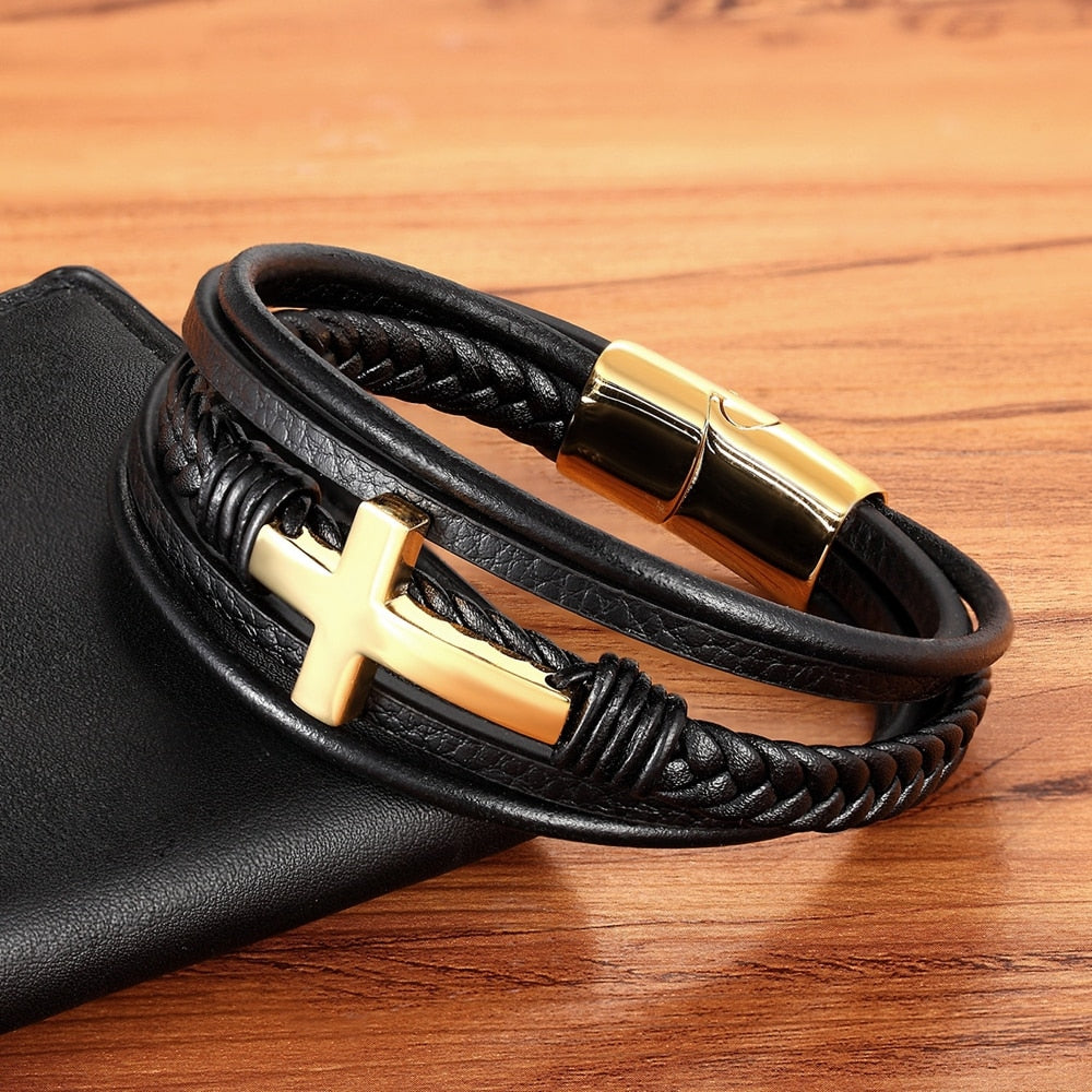 Kreuz Luxus Lederarmband mit mehrfarbigem Design