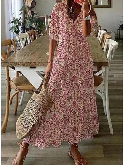 Andrea - Boho Vintage V-Ausschnitt Bedrucktes Kleid