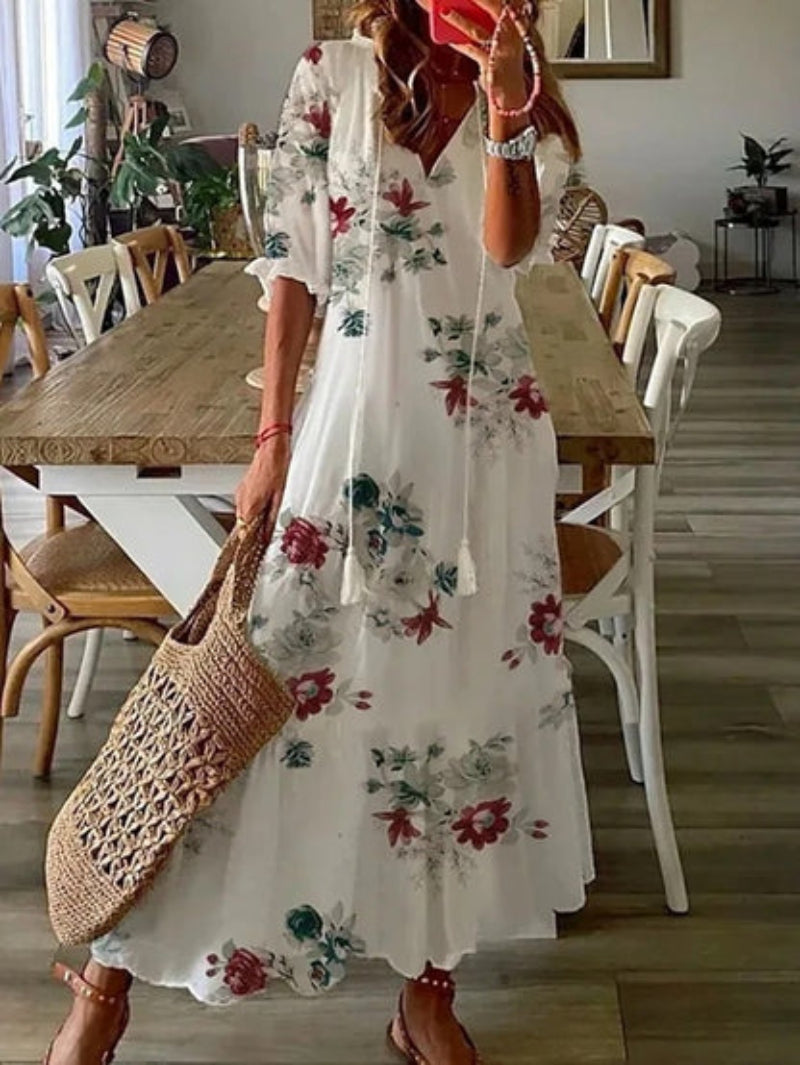 Andrea - Boho Vintage V-Ausschnitt Bedrucktes Kleid